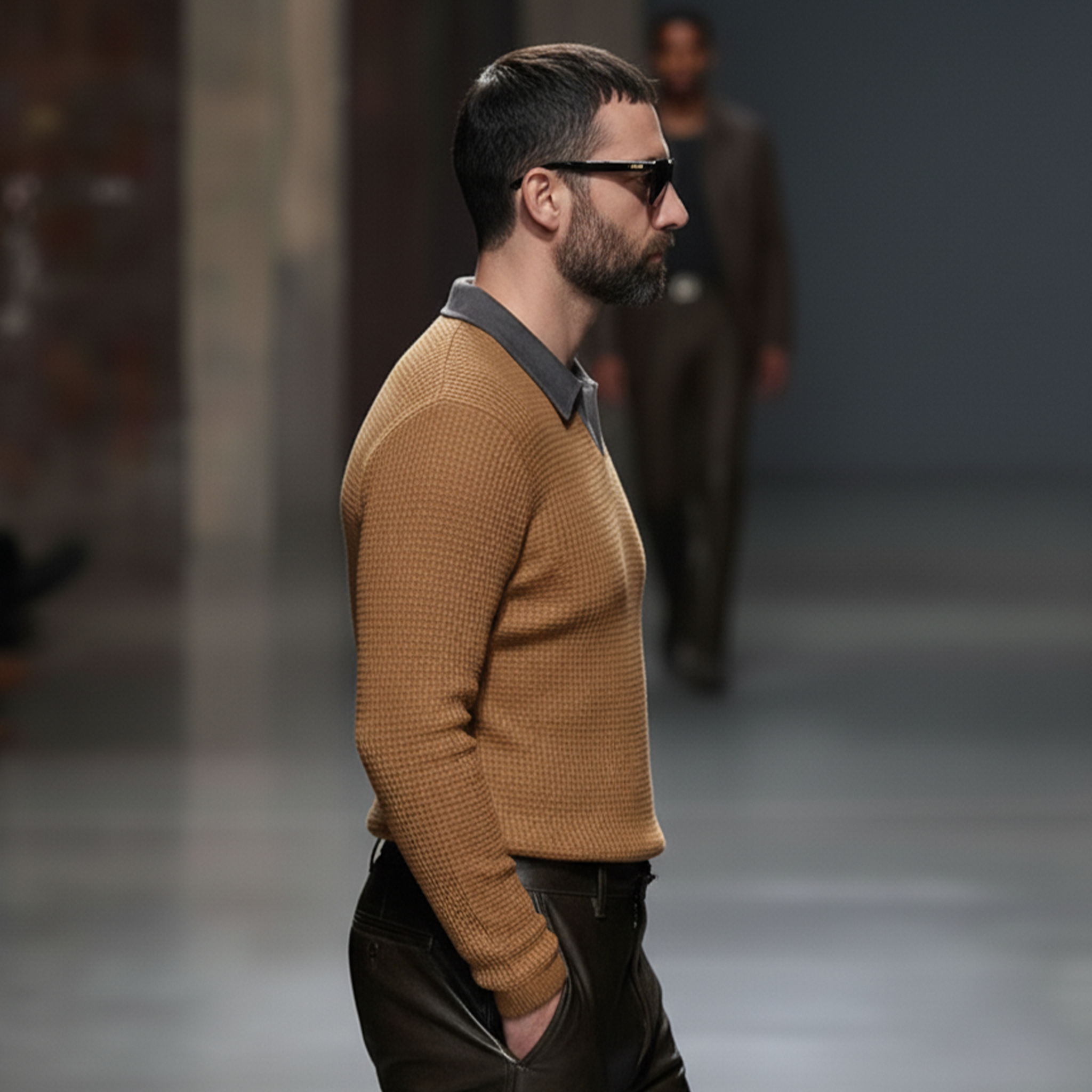 Men's Classic Casual Suede Collar And Waffle Long-sleeved Polo Shirt MTA2878K9K