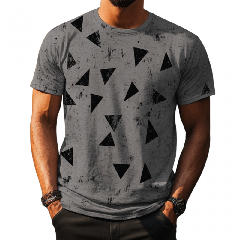 Men's Casual Distressed Triangle Printed Round Neck Slim Fit Short Sleeve T-Shirt MTA1539E2M