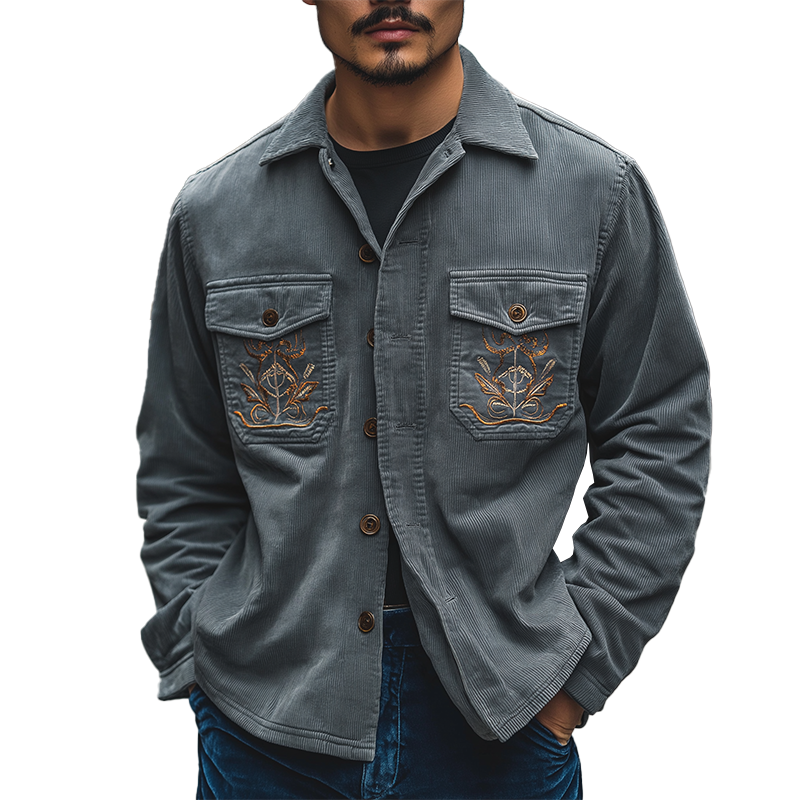 Men's Simple Retro Embroidered Corduroy Shirt MTA0507K1P