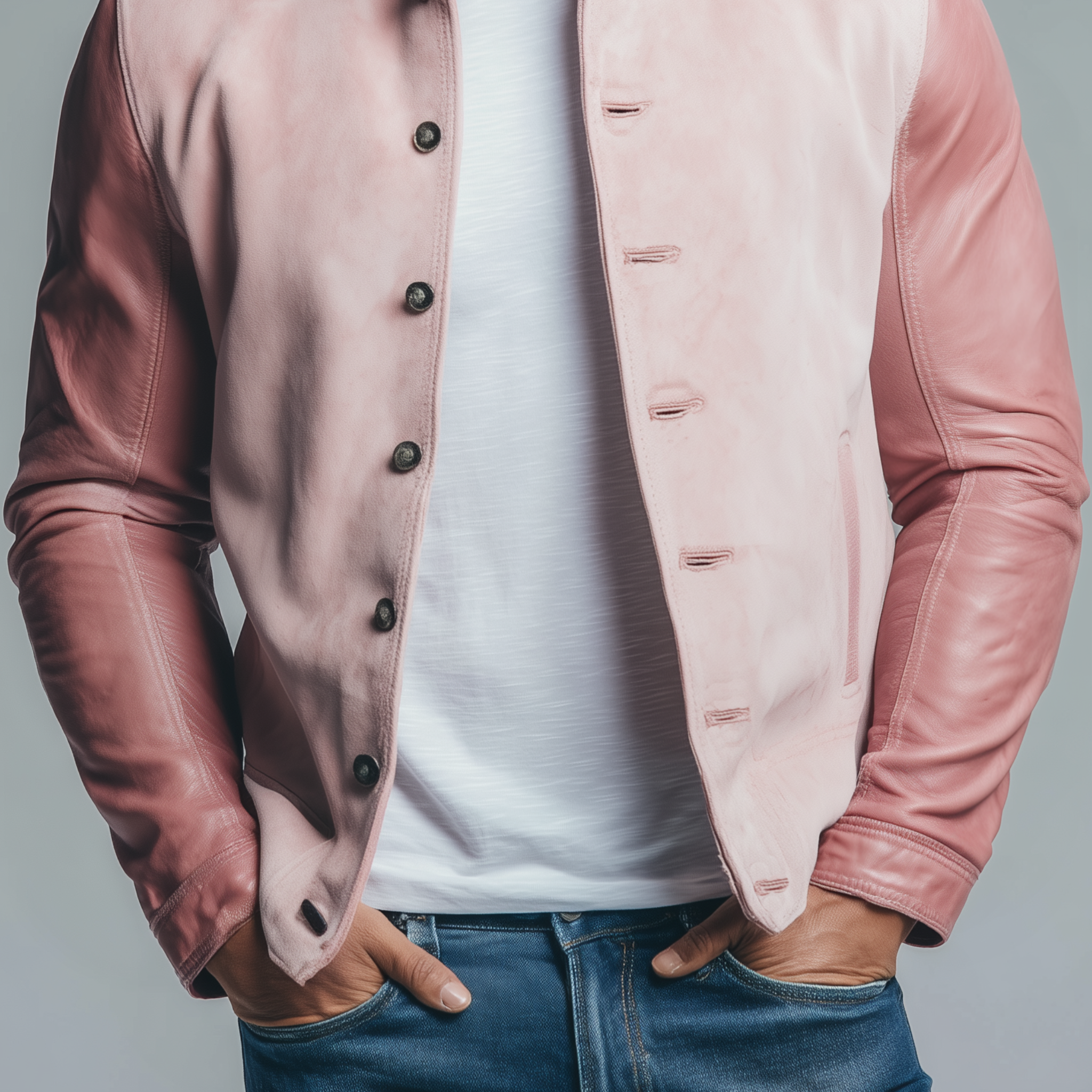Men's Classic Casual Sleeves Stitching PU Leather Pink Suede Stand Collar Jacket MTA0696H2K