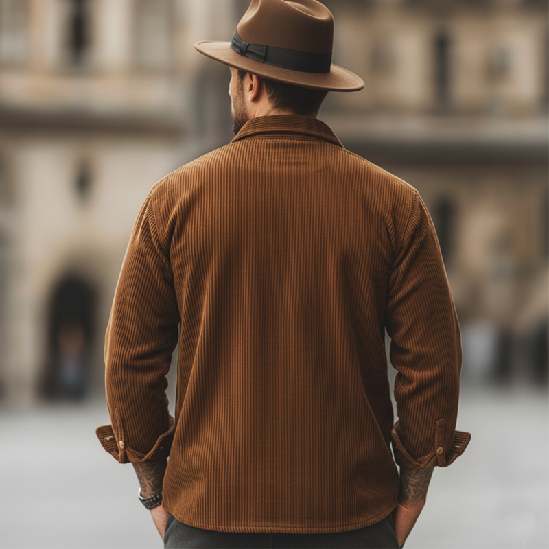 Men's Classic Corduroy Color-Blocked Pocket Long-Sleeve Shirt MTA2006L7U