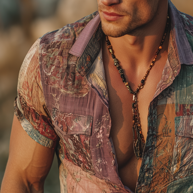 Men's Retro Casual Gradient Print Lapel Short Sleeve Shirt MTA1810G1TO