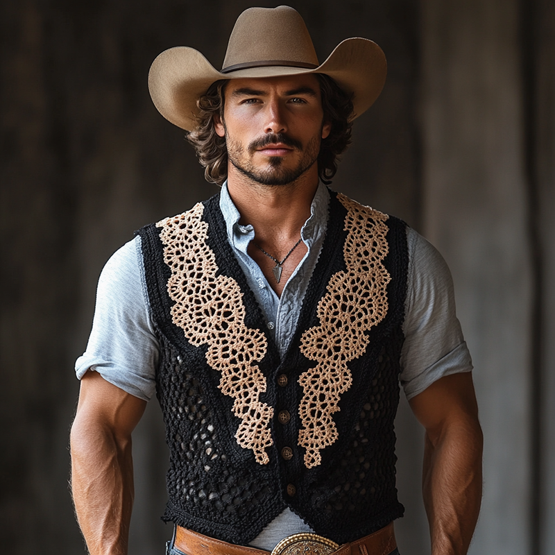 Men's Western Crochet Colorblock Single Breasted Vest MTA1330F4Y