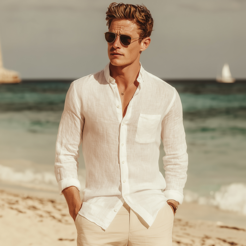 Men's Fashion Solid Color Breathable Linen Lapel Patch Pocket Slim Fit Long Sleeve Shirt MTA0455G7M