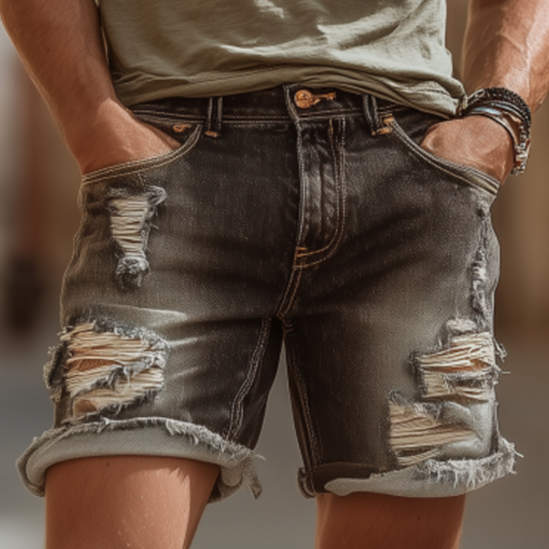 Men's Fashion Outdoor Denim Washed Ripped Raw Edge Slim Shorts MTA2477F5M