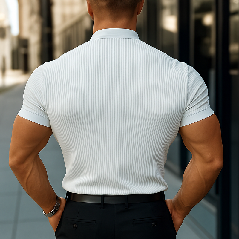 Men's Solid Striped Stand Collar Short Sleeve Shirt MTA1770D4Z