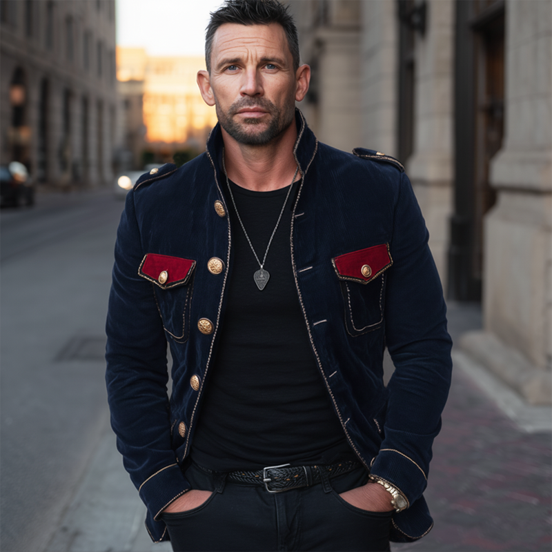 Men's Vintage Stand Collar Velvet Multi-Button Jacket MTA1901H1U