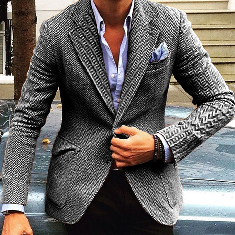 【24-Stunden-Versand】 Herren-Blazer im Vintage-Stil mit Fischgrätenmuster und einreihigem Revers 84719153M