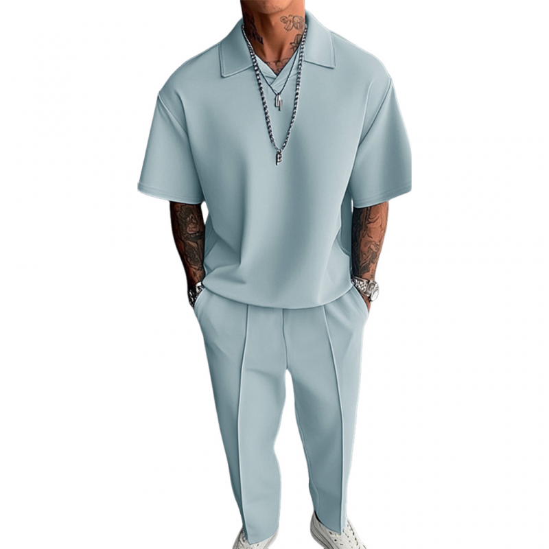 Men's Casual Cotton Blended Lapel Loose Short Sleeve Polo Shirt Straight Trousers Set MTA2616E0M