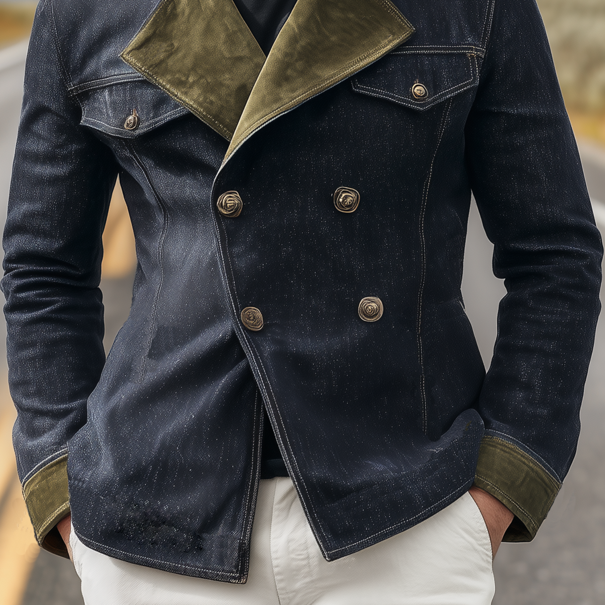 Men's Classic Western Vintage Suede Lapel Double Breasted Denim Jacket MTA0342I0K