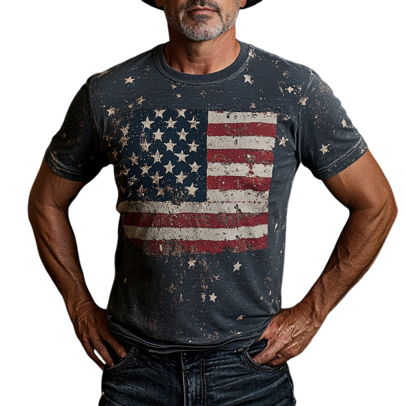 Men's American Flag Vintage Print Crew Neck Short Sleeve T-Shirt MTA2087E8X