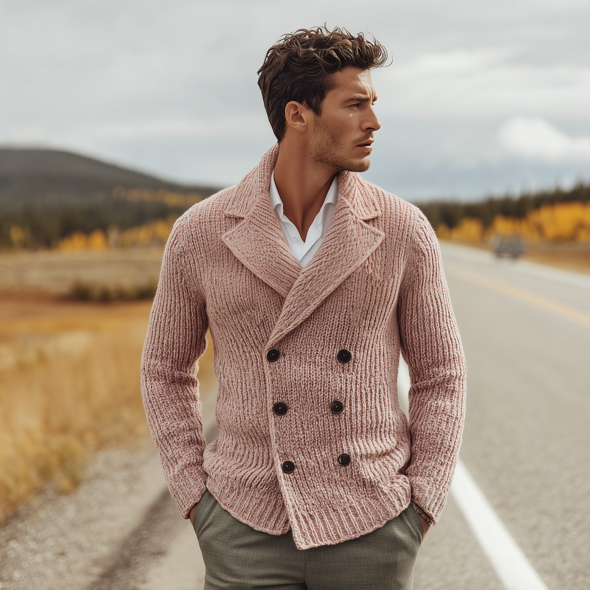 Men's Classic Casual Lapel Double-breasted Slim-fit Pink Knitted Cardigan MTA0855I4K