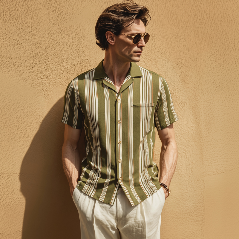 Men's Fashion Breathable Stripe Print Lapel Slim Fit Short Sleeve Shirt MTA0430G6M