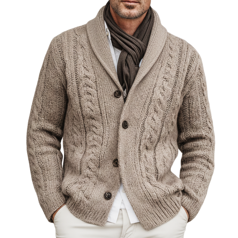 Men's Classic Khaki Cable Knit Jacquard Cardigan MTA2484K6U