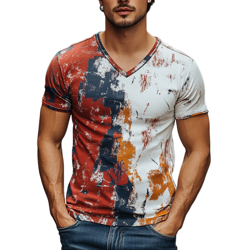 Men's Contrast Print Short-Sleeved V-Neck T-Shirt MTA2483E8X