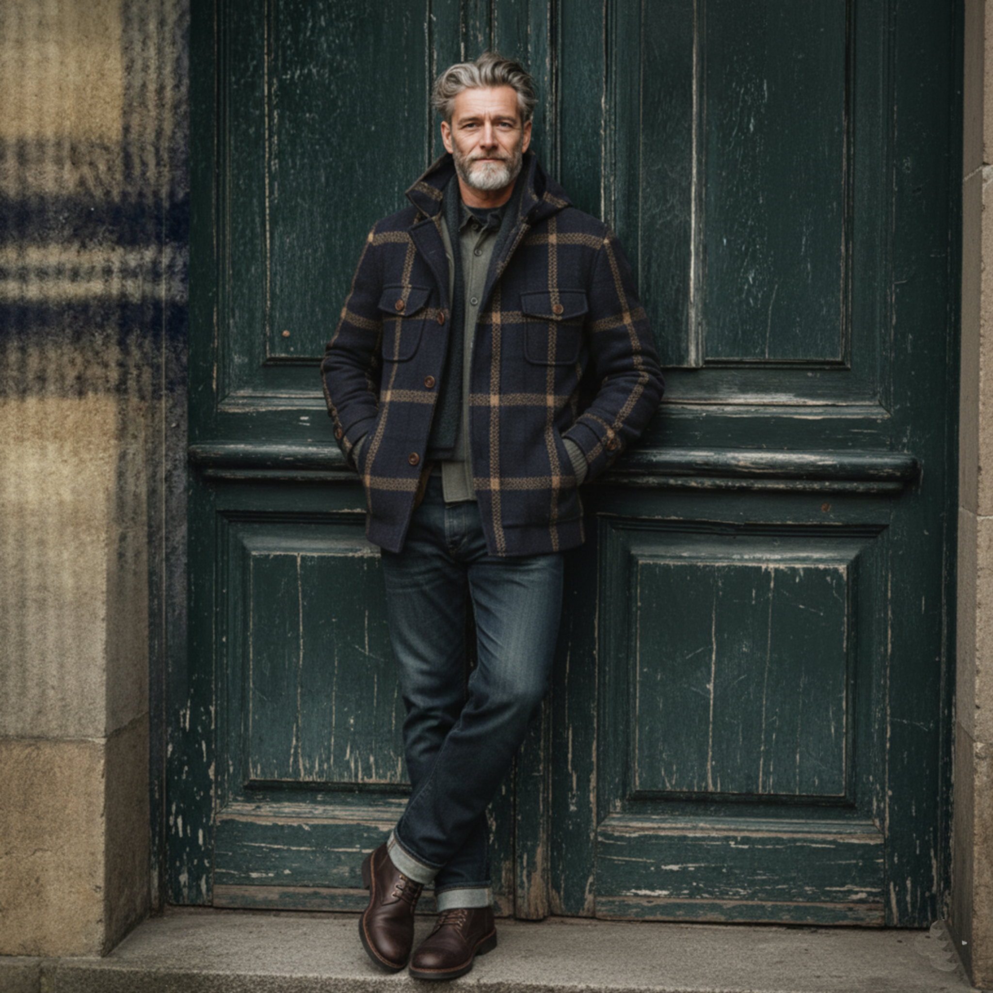 Men's Classic Retro Faux Plaid Wool Stand Collar Hooded Multi-Pocket Jacket MTA3033I3K