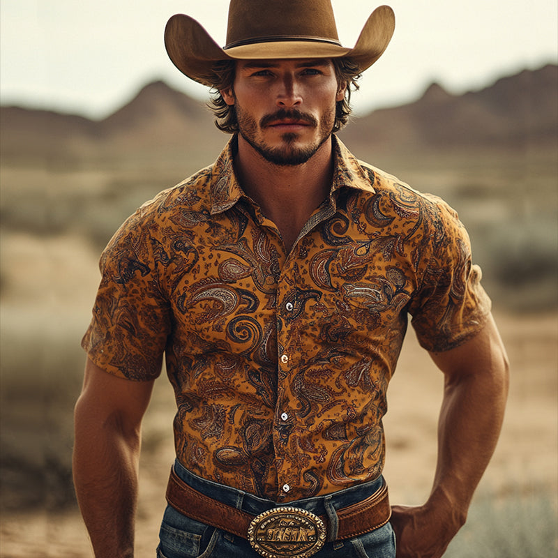 Men'S Retro Western Cowboy Style Perris Print Lapel Short Sleeve Shirt MTA0984E0TO