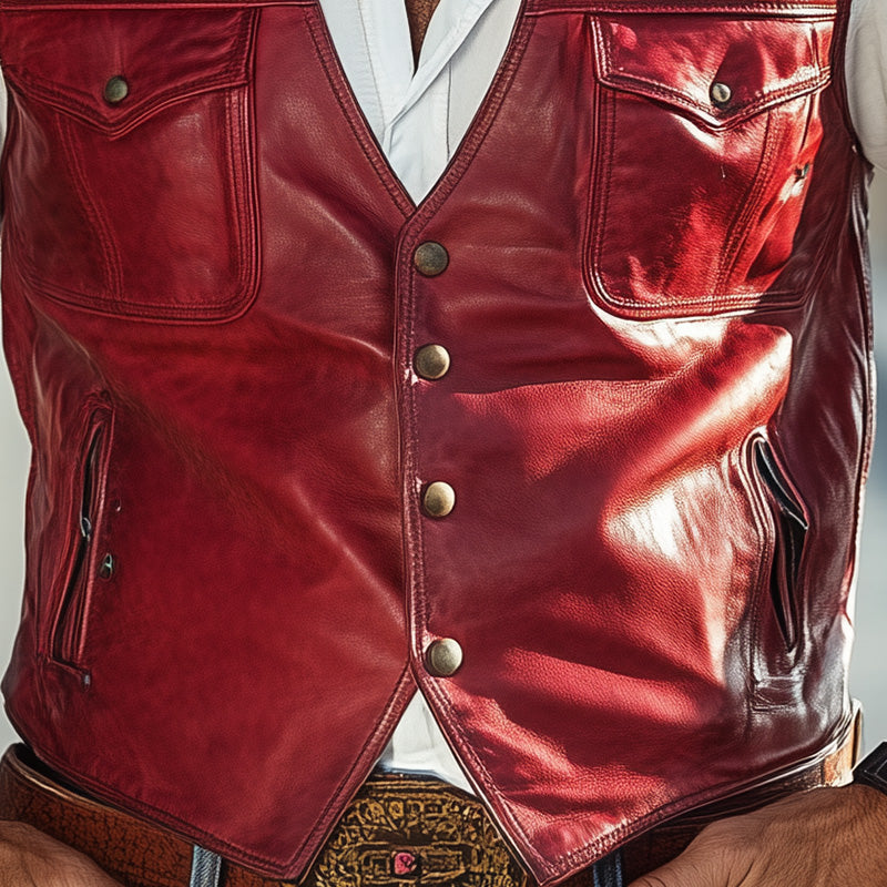 Men's Summer Western Cowboy Style Solid Leather Vest MTA2988D5P