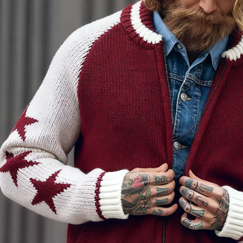 Men's Retro Casual Star Knit Colorblock Zipper Jacket Cardigan MTA2449J5TO