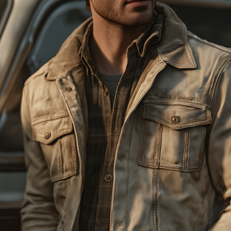 Men's Vintage Casual Western Style Cotton Washed Distressed Lapel Jacket MTA2832H5TO