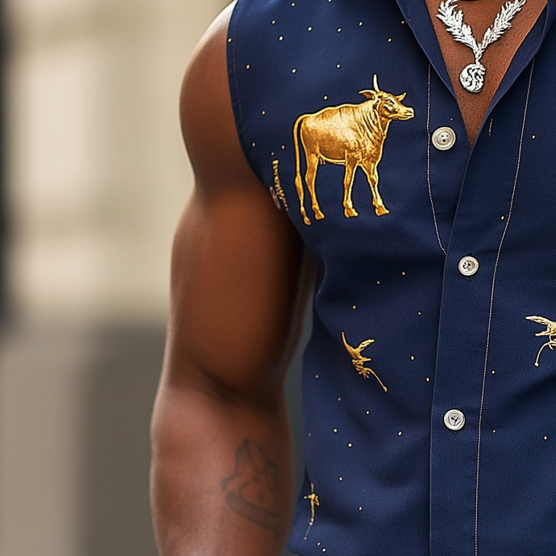 Men's Summer Western Cowboy Style Embroidered Cotton And Linen Sleeveless Shirt MTA2916E9P