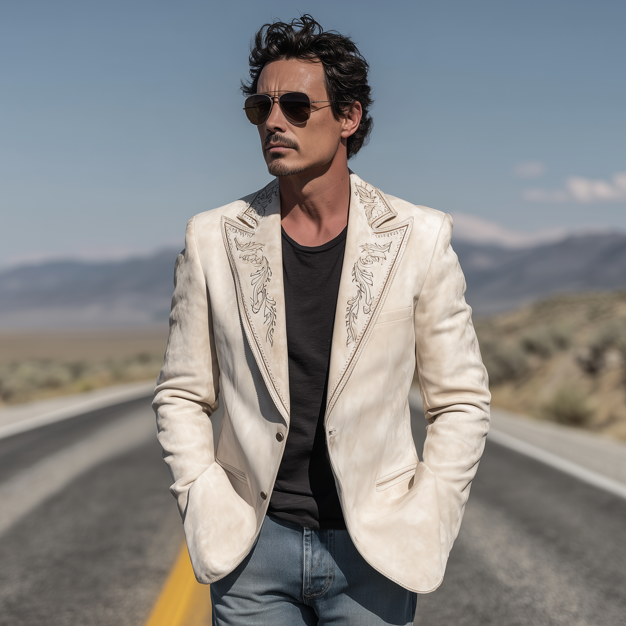 Men's Classic Retro Western Cowboy Style Suede Embroidered Single-breasted Blazer MTA0217H3K