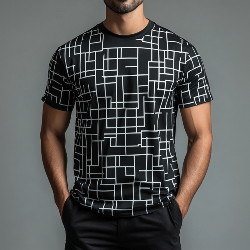 Men's Casual Contrast Color Geometric Full Print Round Neck Loose Short Sleeve T-shirt MTA1529E3M