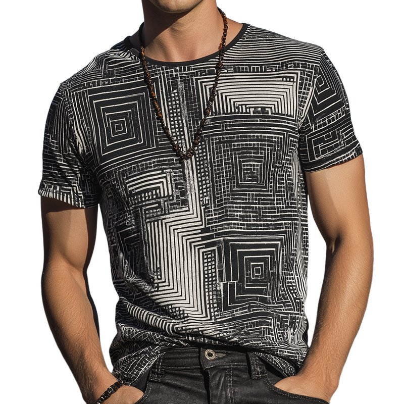 Men's Retro Casual Shabby Mosaic Printed Round Neck Short Sleeve T-Shirt MTA1830G4TO