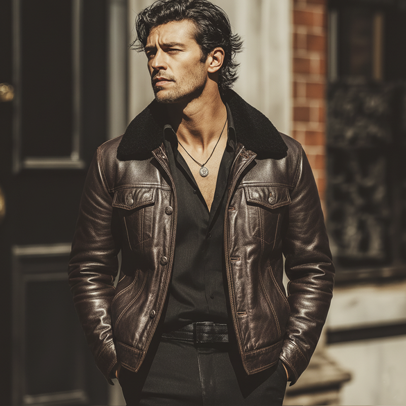 Men's Business Fur Collar Chocolate-colored PU Leather Jacket MTA0982L4U