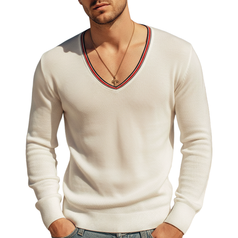 Men's Classic White Deep V-neck Knitted Sweater MTZ2251A7U