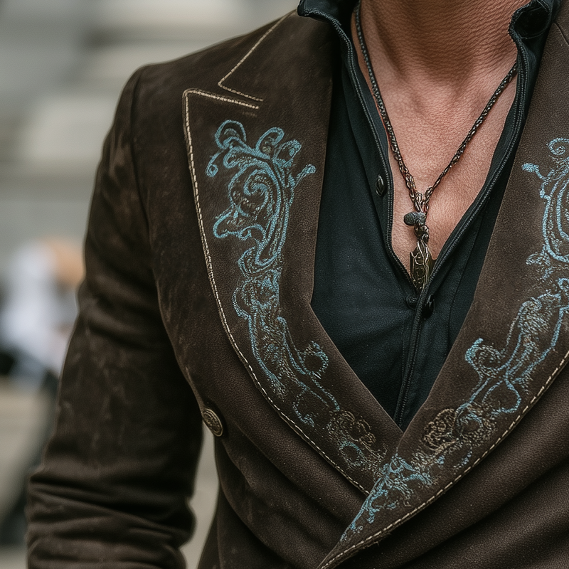 Men's Classic Embroidered Double-Breasted Suede Blazer MTA1087I2U