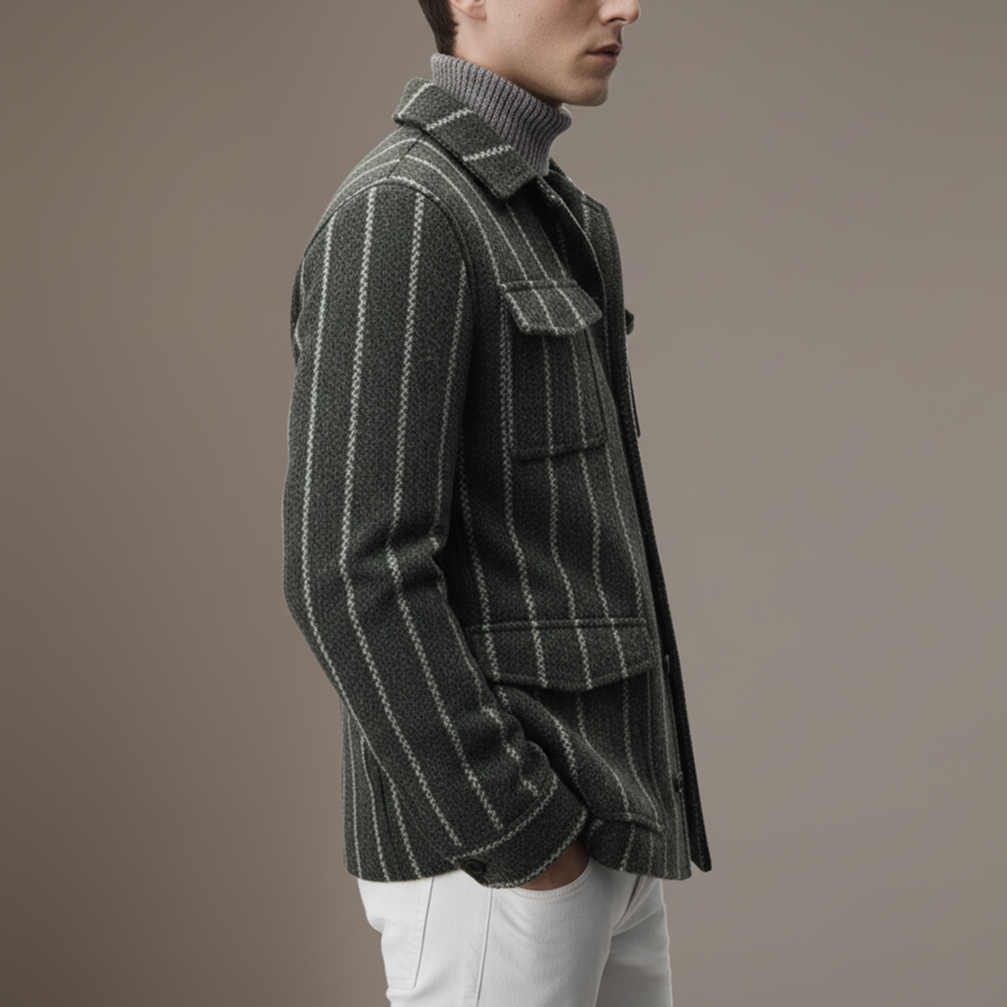 Men's Classic Retro Vertical Striped Faux Woolen Multi-pocket Jacket MTA2491I0K