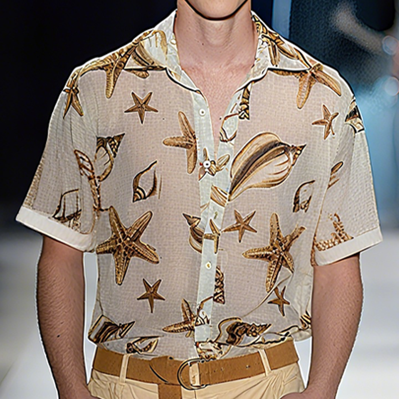 Men's Spring And Summer Fashion Casual Slightly Transparent Cool Chiffon Printed Short-sleeved Shirt MTA2452F7K