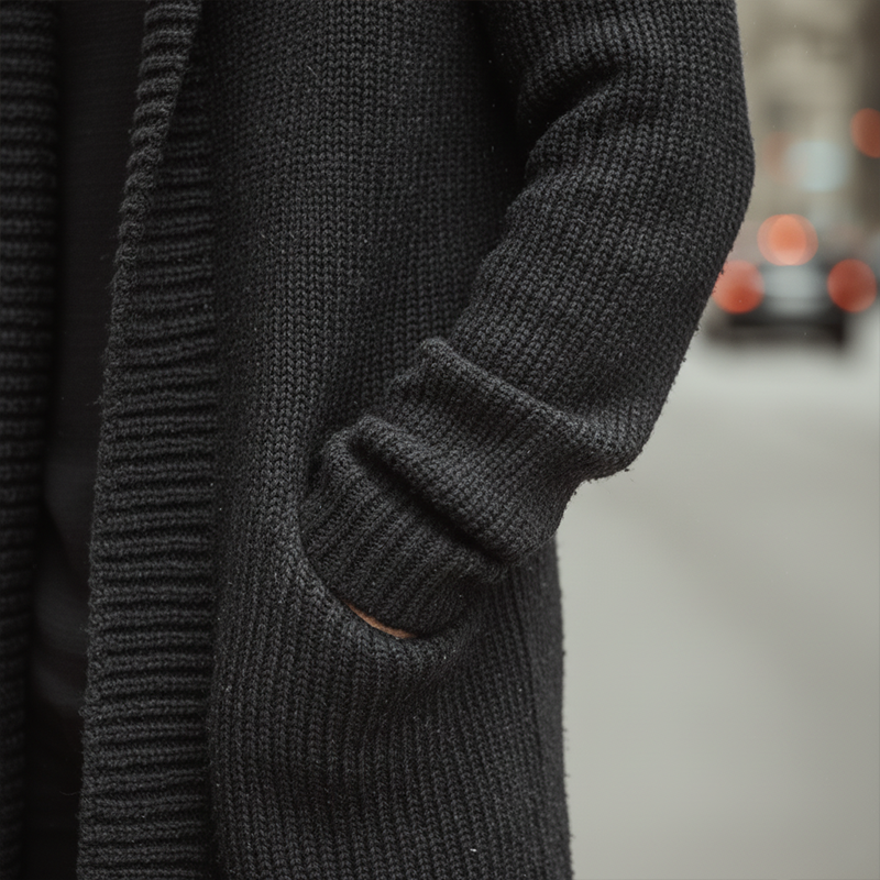 Men's Autumn And Winter Fashion Solid Color Cotton Yarn Knitted Long Hooded Cardigan MTA2378I9P