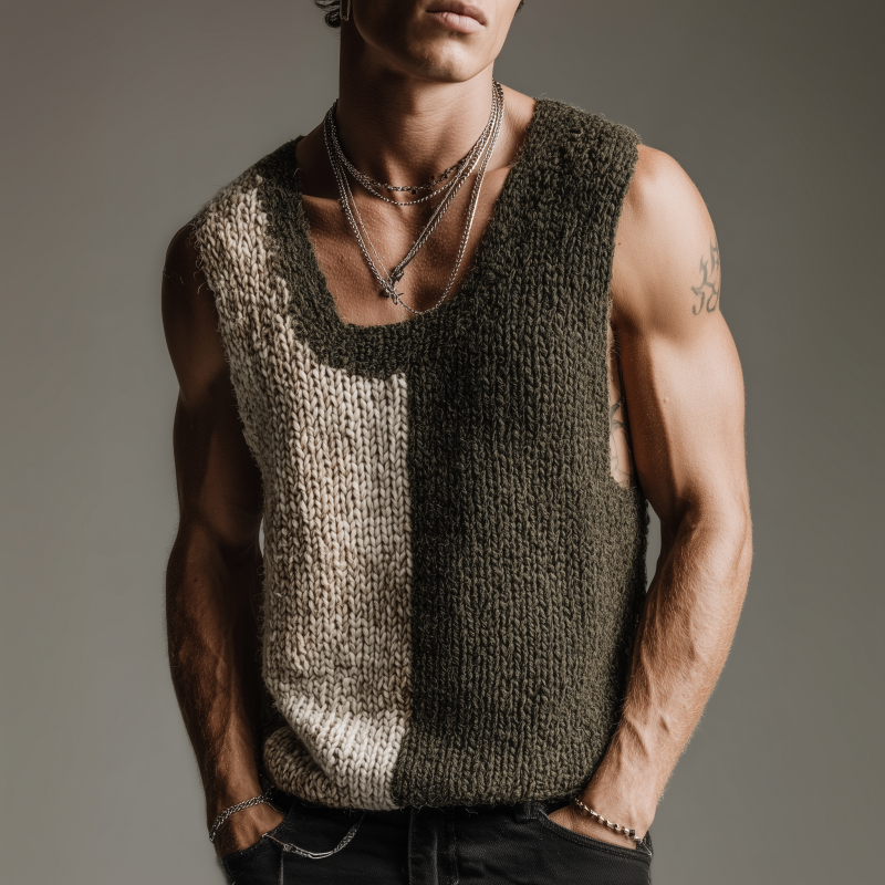 Men's Casual U-neck Contrast Color Slim Fit Breathable Knitted Tank Top MTA1896F2M