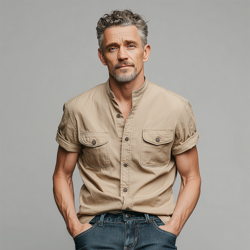Men's Summer Casual Tencel Cotton Stand Collar Short Sleeve Shirt MTA0258G1K