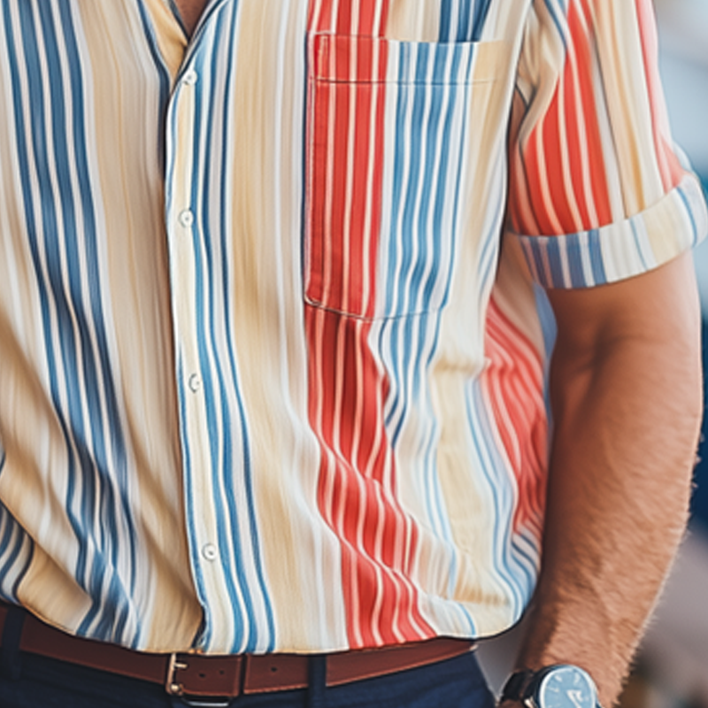 Men's Summer Classic Colorblock Striped Short Sleeve Shirt MTA2062F7U