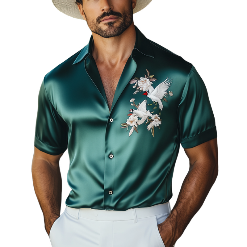 Men's Summer Satin Crane Embroidered Short Sleeve Shirt MTA1050F7U