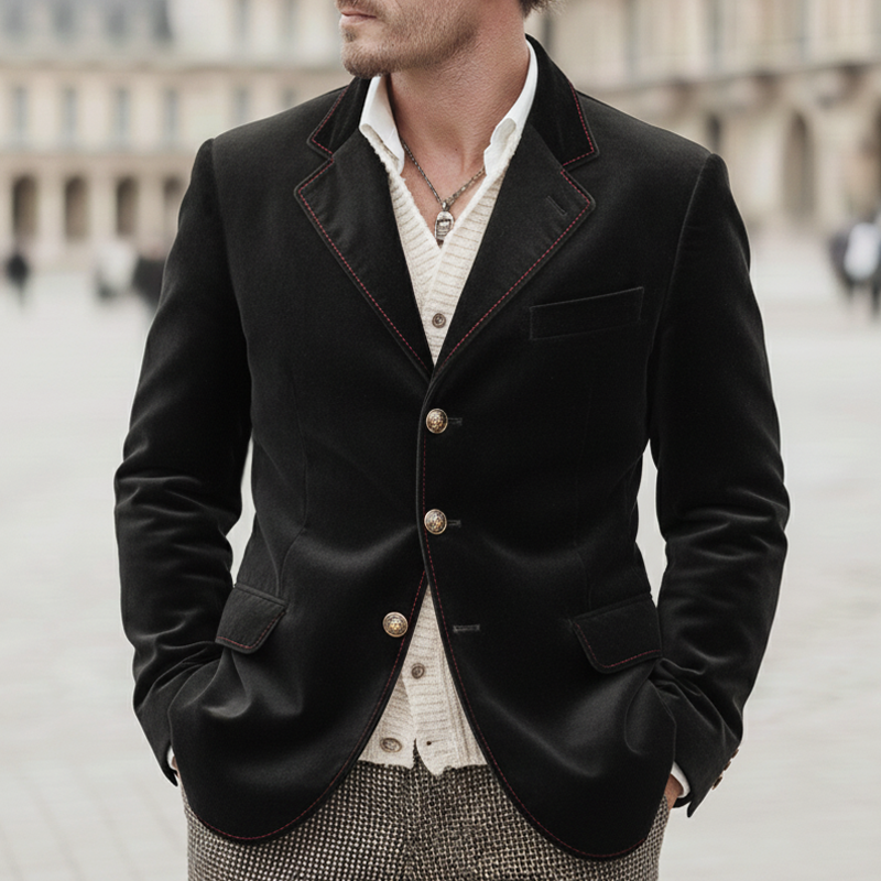 Men's Classic Retro Velvet Three-button Contrasting Stitching Blazer MTZ0411A7U