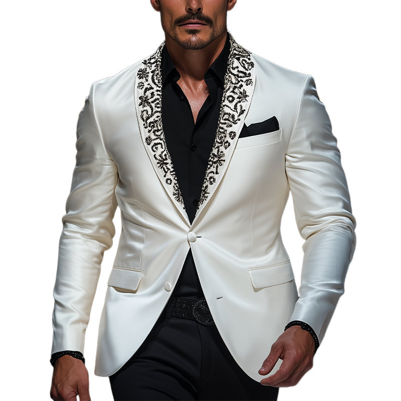 Men's Classic Retro Shawl Collar Embroidery Event Party Satin Slim Fit Single Breasted Blazer MTA0708F7K