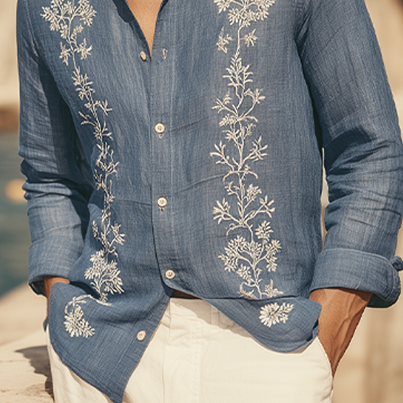 Men's Spring And Summer Retro Exquisite Embroidered Tencel Cotton Lapel Long-sleeved Shirt MTA1612G9K