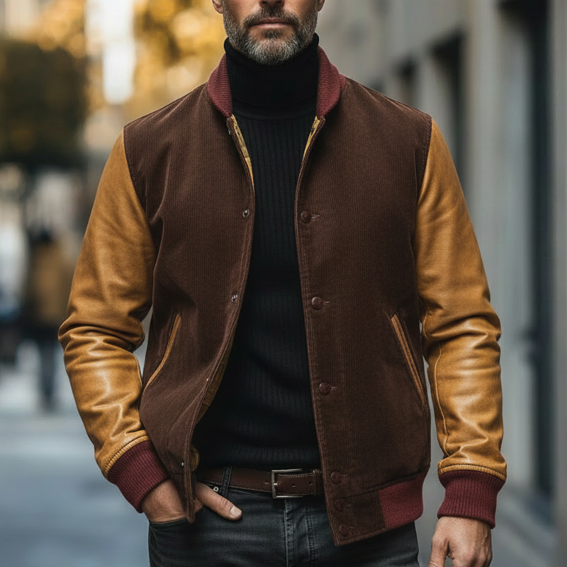 Men's Winter Vintage Corduroy And PU Faux Leather Button-up Jacket MTA1776L4P