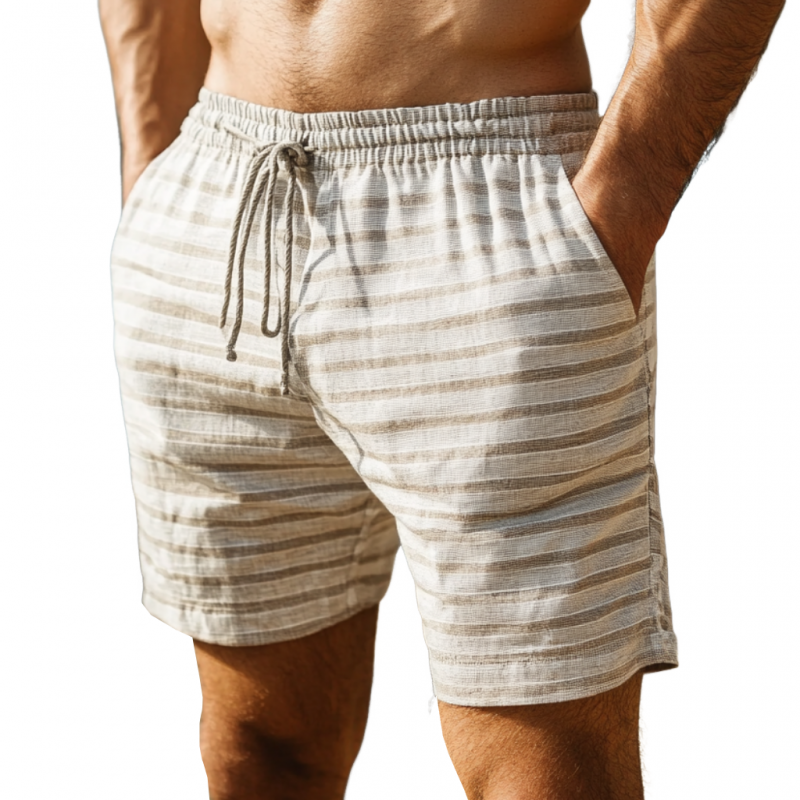 Men's Casual Breathable Cotton Blend Striped Elastic Waist Holiday Shorts MTA2462E3M