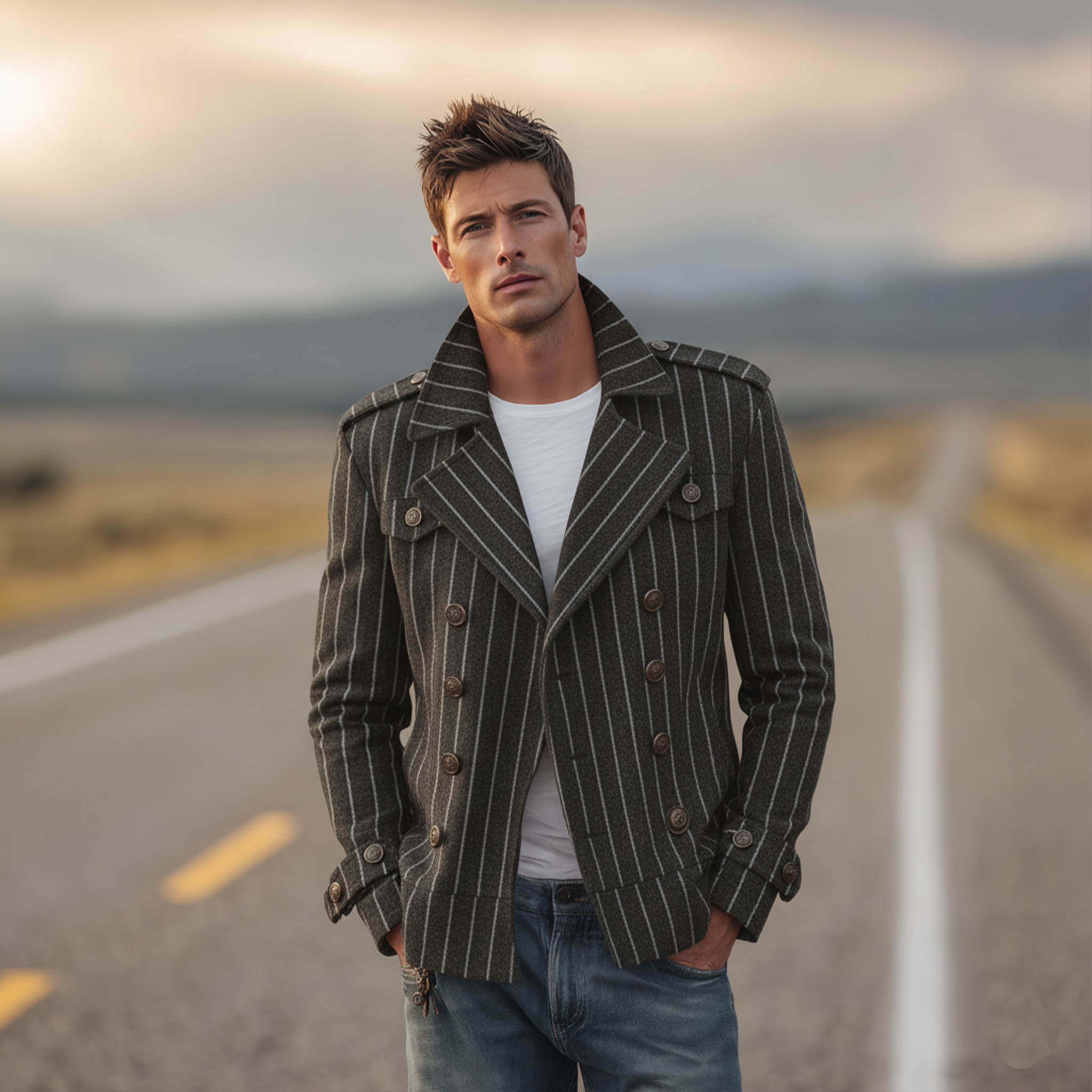 Men's Classic Retro Lapel Vertical Striped Faux Wool Double-breasted Jacket MTA2875I2K