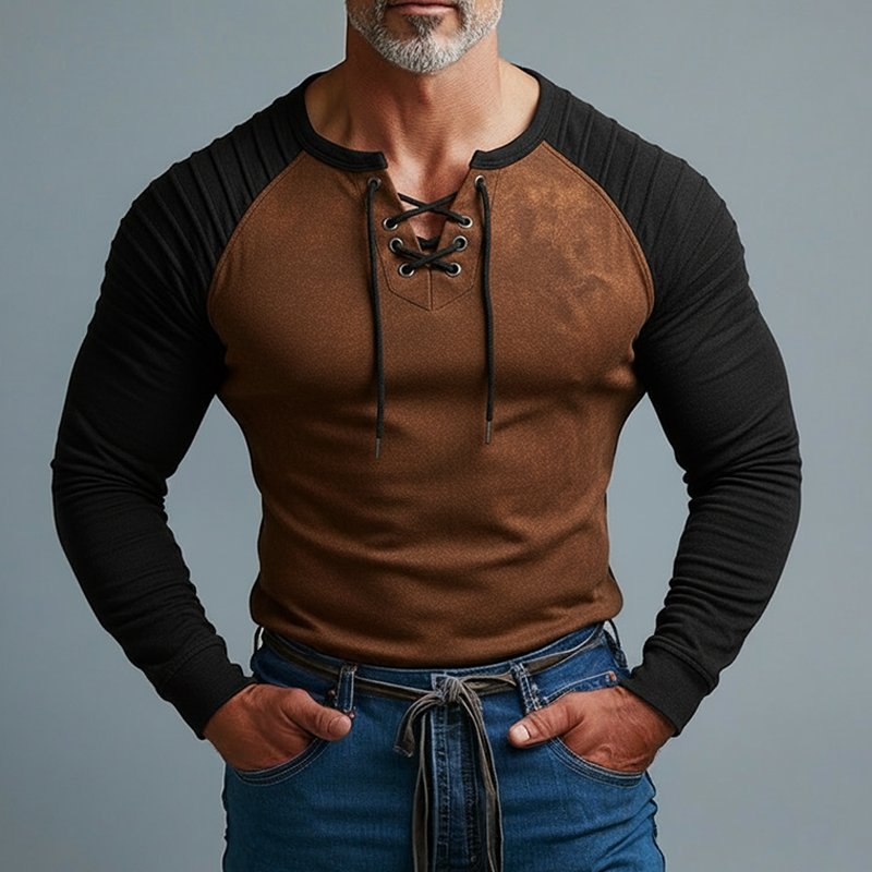 Men's Color Block Suede Stand Collar Tie-Neck Long-Sleeve T-Shirt MTA2298K9X