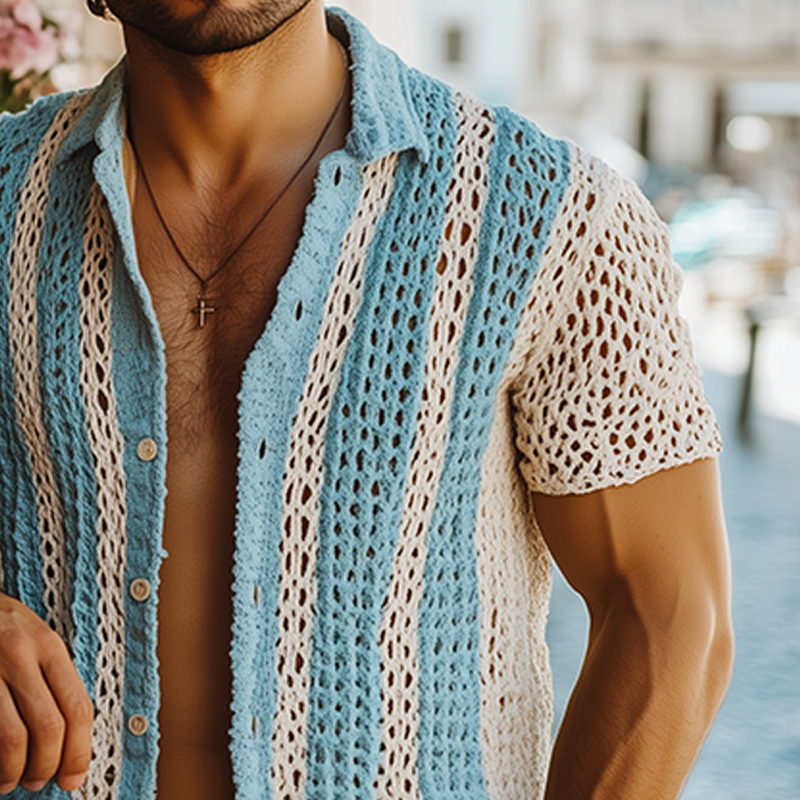 Men's Summer Fashion Casual Knitted Hollow Vertical Striped Short-sleeved Shirt MTA2667F2K