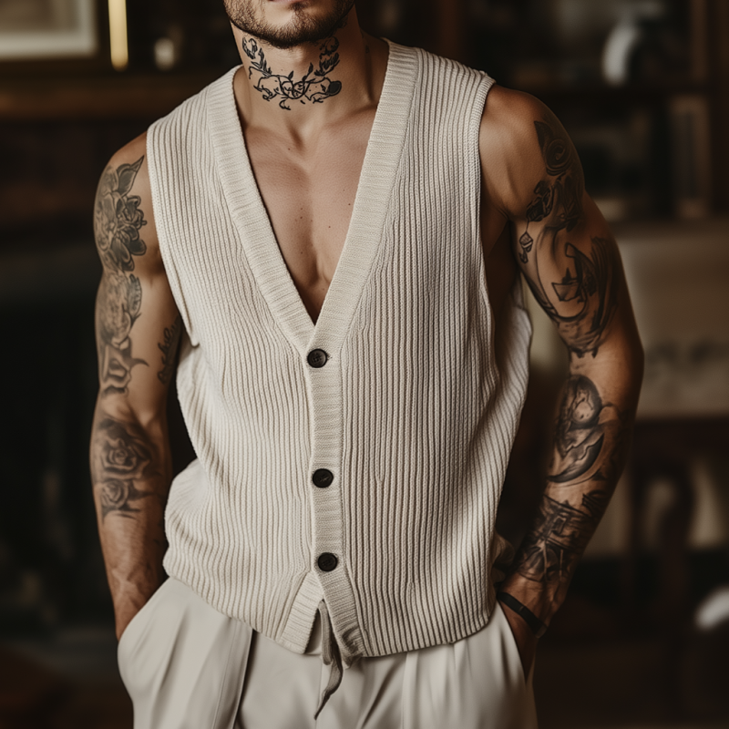Men's Casual Breathable Cotton Blended V-Neck Single-Breasted Loose Knitted Vest MTA1103F7M