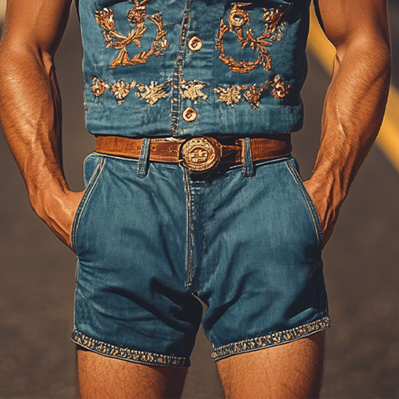 Men's Summer Fashion Retro Western Cowboy Style Embroidered Jumpsuit (Without Belt) MTA1787D0K