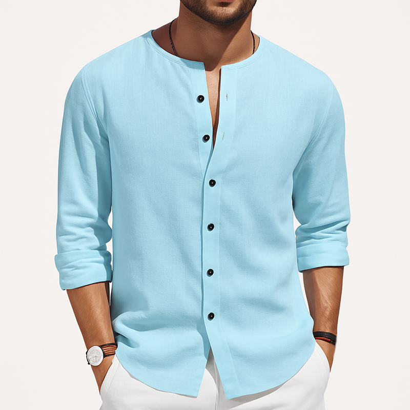 Men's Basic Solid Color Round Neck Cotton And Linen Long-sleeved Shirt MTA0455H6U