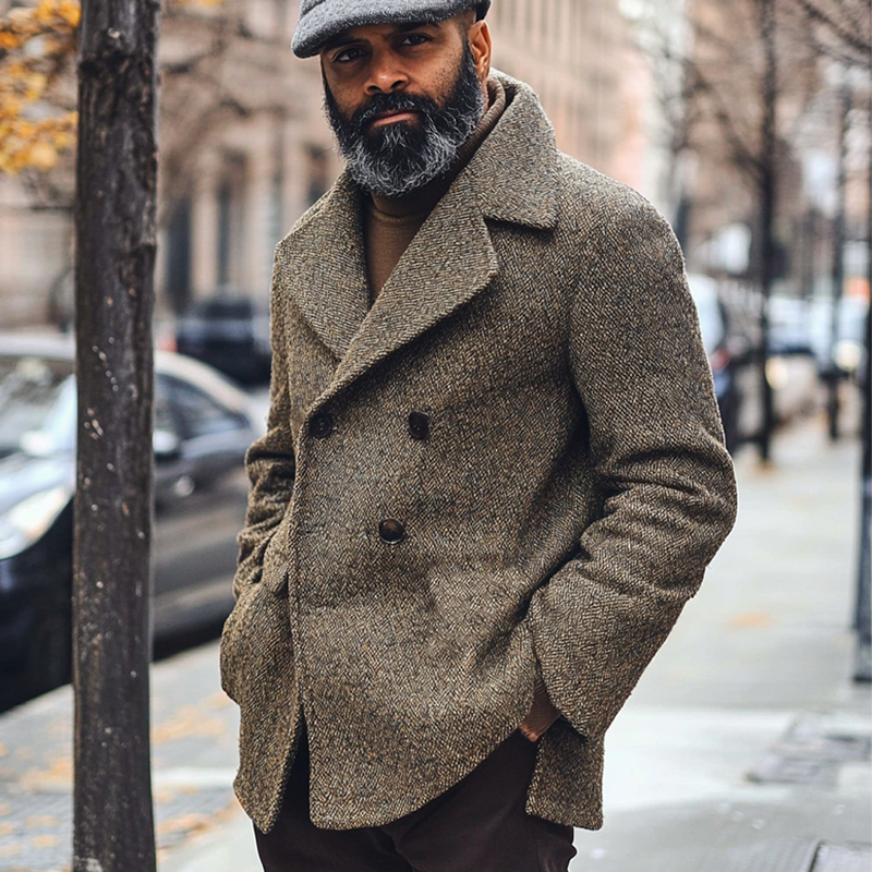 Men's Retro Lapel Herringbone Mid-Length Coat MTA2680H3X